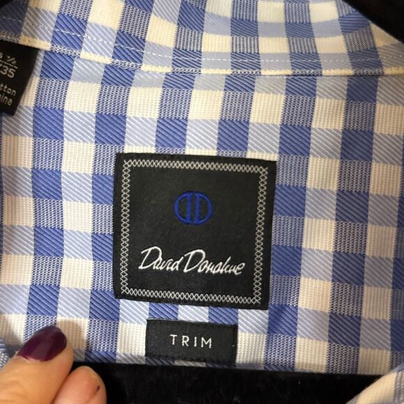 David Donahue blue gingham cuff dress shirt trim fit size large - Picture 3 of 10